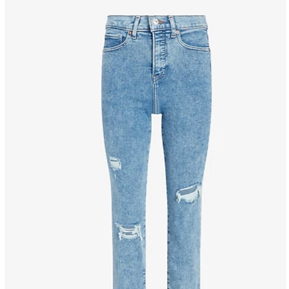 Express High Waisted Medium Wash Ripped Slim Jeans - Picture 4 of 14